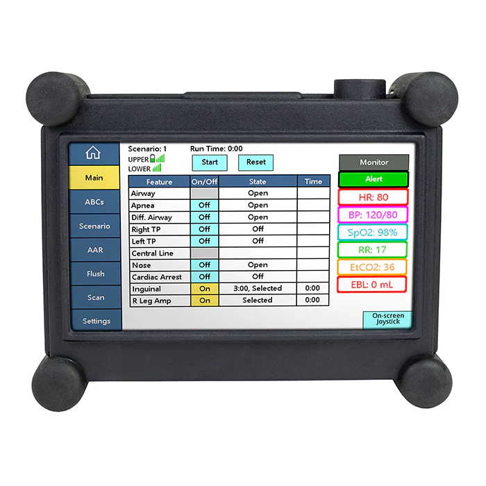 Vital Signs Monitor and Touchscreen Remote Control screen, showing live heart rate, blood pressure, SpO2, respiration rate, and EtCO2