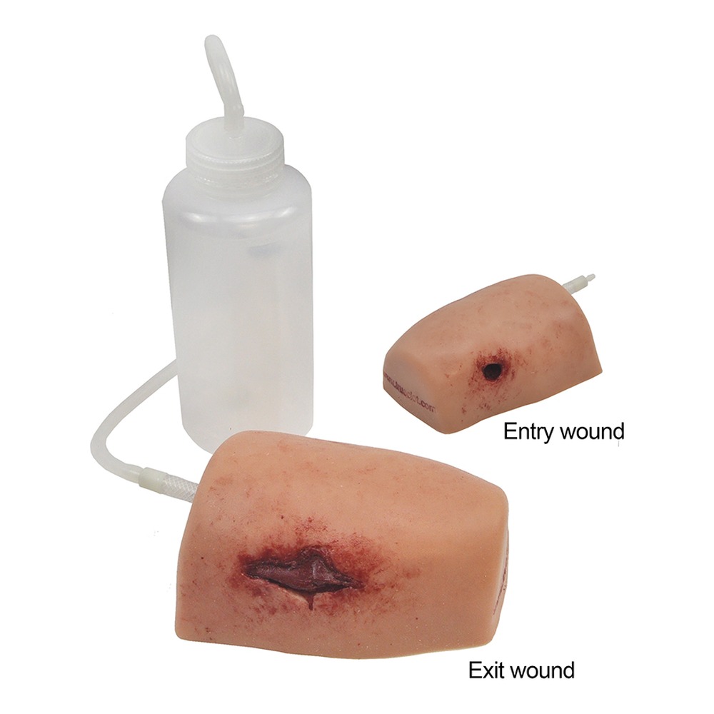 TrueClot Through-and-Through (TnT) Task Trainer with entry and exit wound blocks and 1L squeeze bottle with tubing